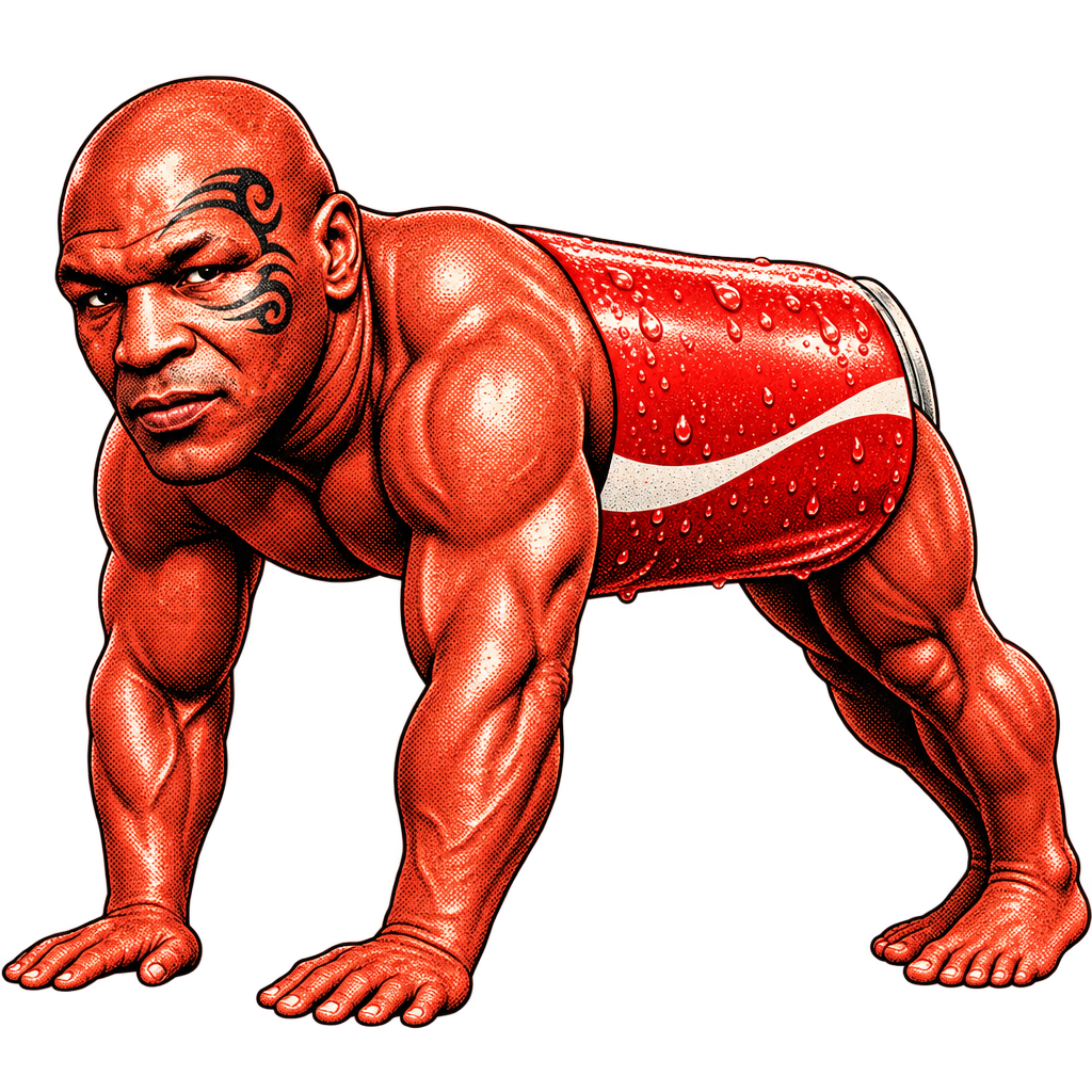 Halftone red illustration of Tyson Cola on all fours, can-bodied, chest stamped Coca-Cola style