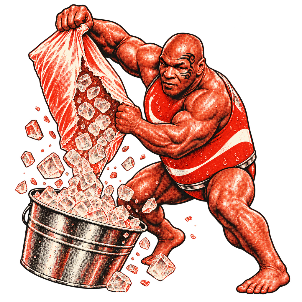 Halftone illustration of Tyson Cola dumping a bag of ice into a metal bucket