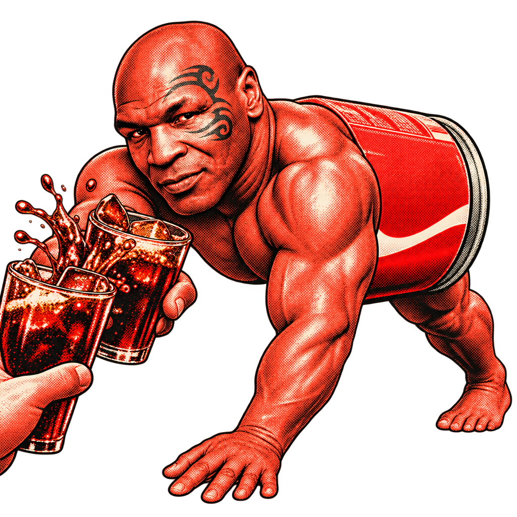 Halftone illustration of Tyson Cola clinking two full glasses with an outstretched hand