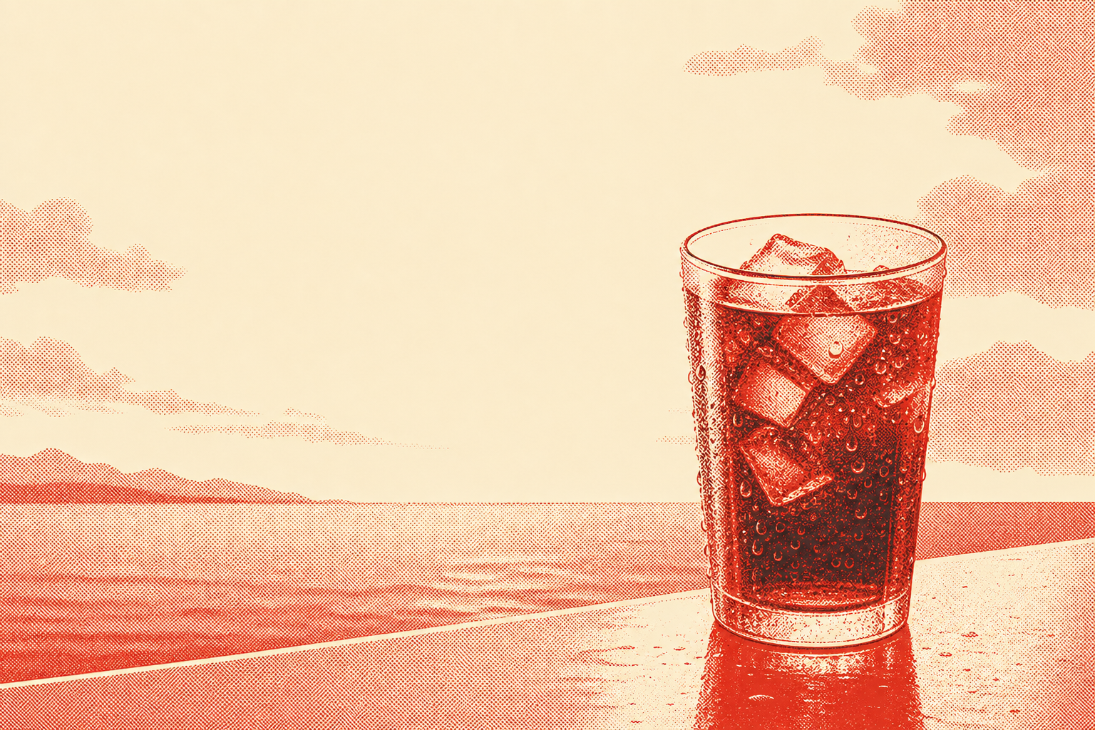 Halftone illustration of a sweating glass of cola with ice, on a horizon of red and cream